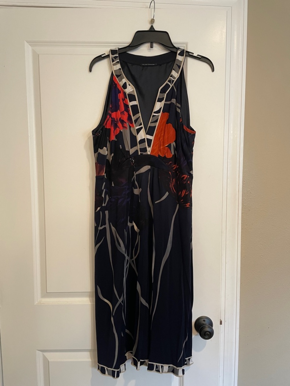 Elie Tahari Navy Midi Dress with Red and Cream Floral Accents
